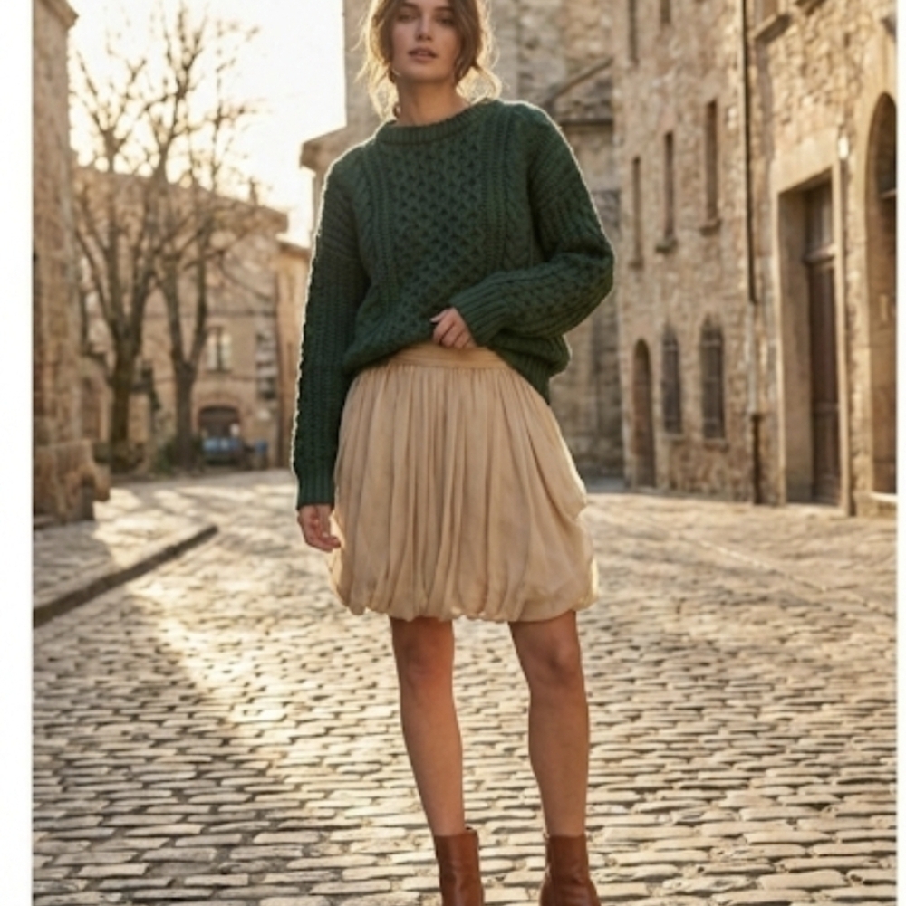 Ralph Lauren Black Label  Silk Champagne Beige Bubble Skirt Ruched Waist Size 12